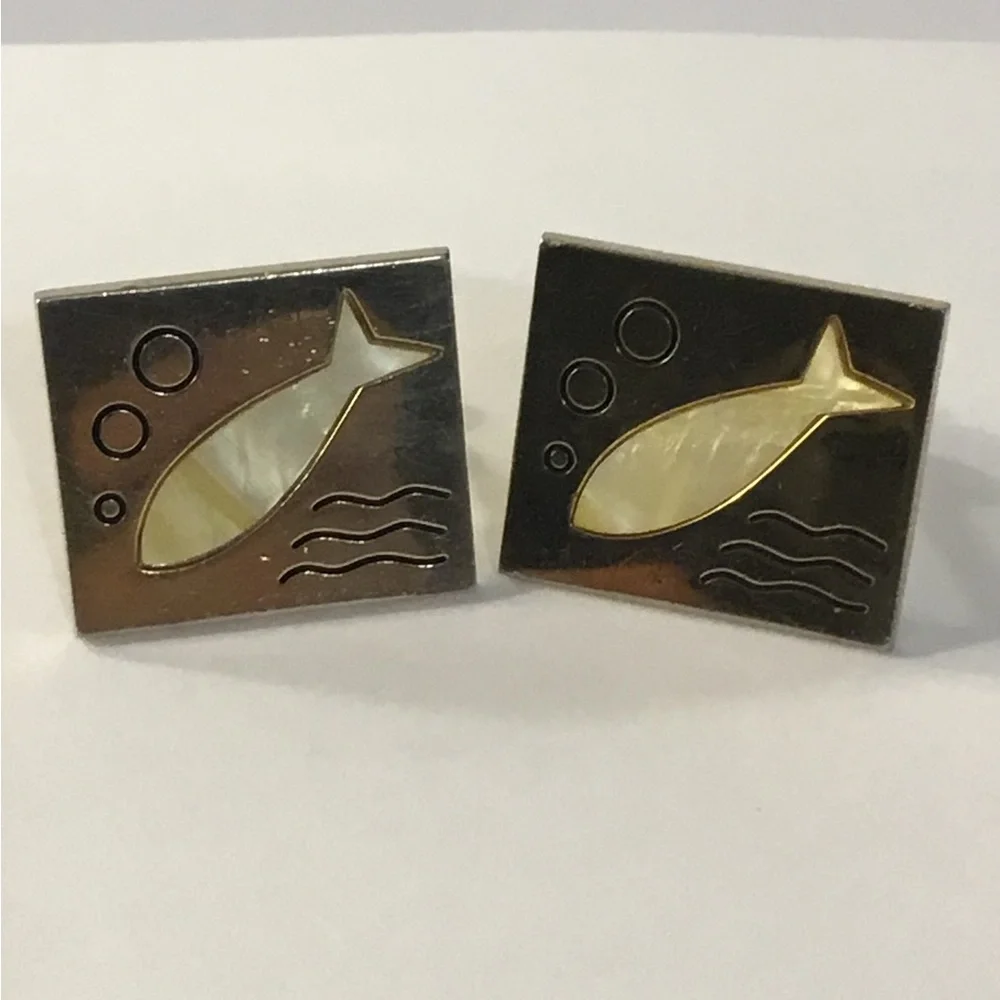 Vintage Mid Century Era SWANK Modernist MOP Fish Cufflinks